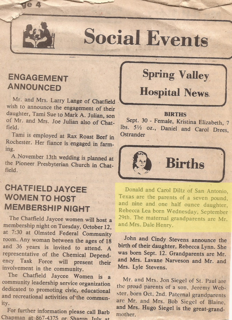 1982 becca birth announcement